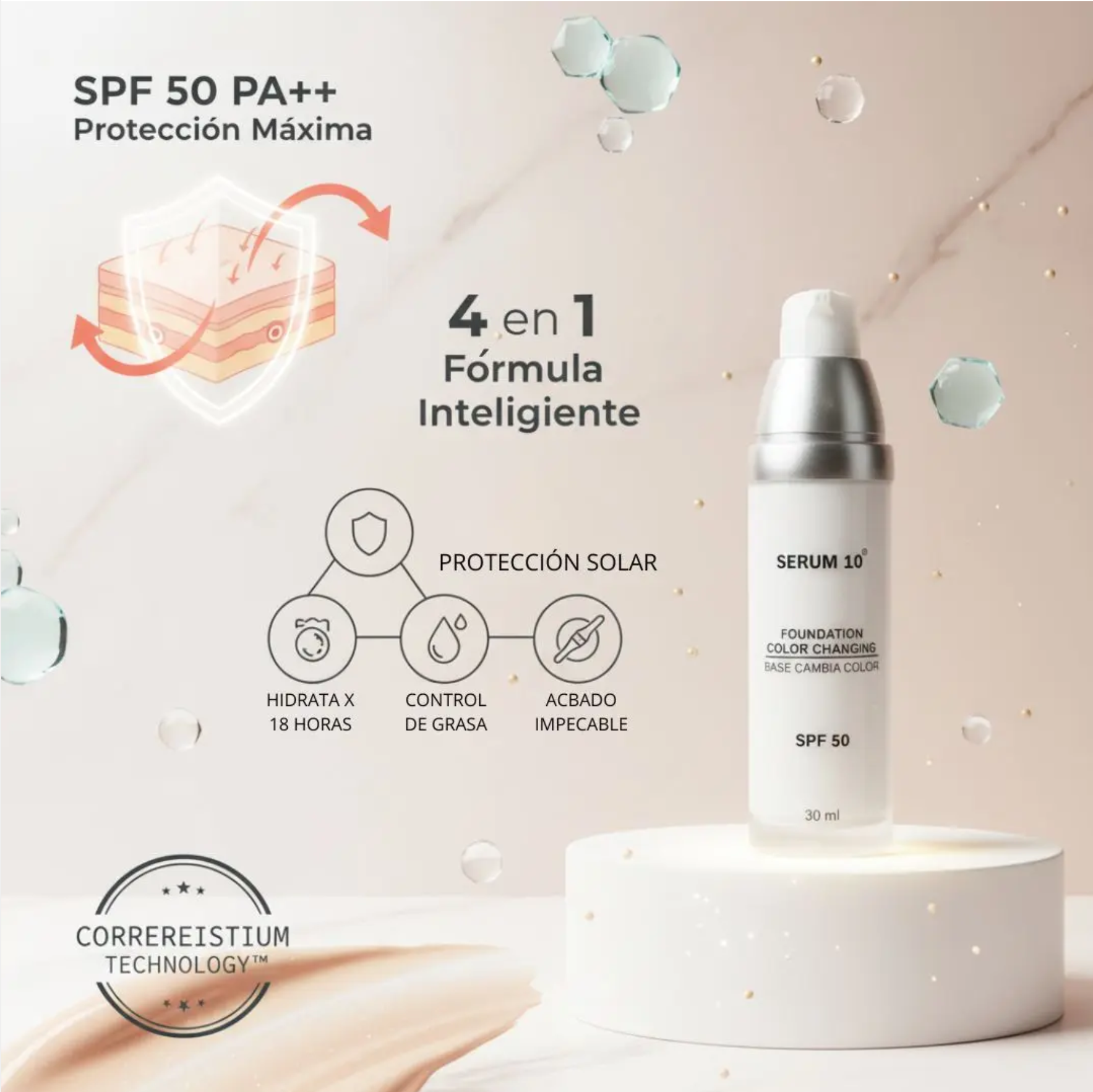 🌞✨ DERMAGLOW 4 EN 1 – FPS 50 Protección + Hidratación + Control de brillo + Efecto base inteligente